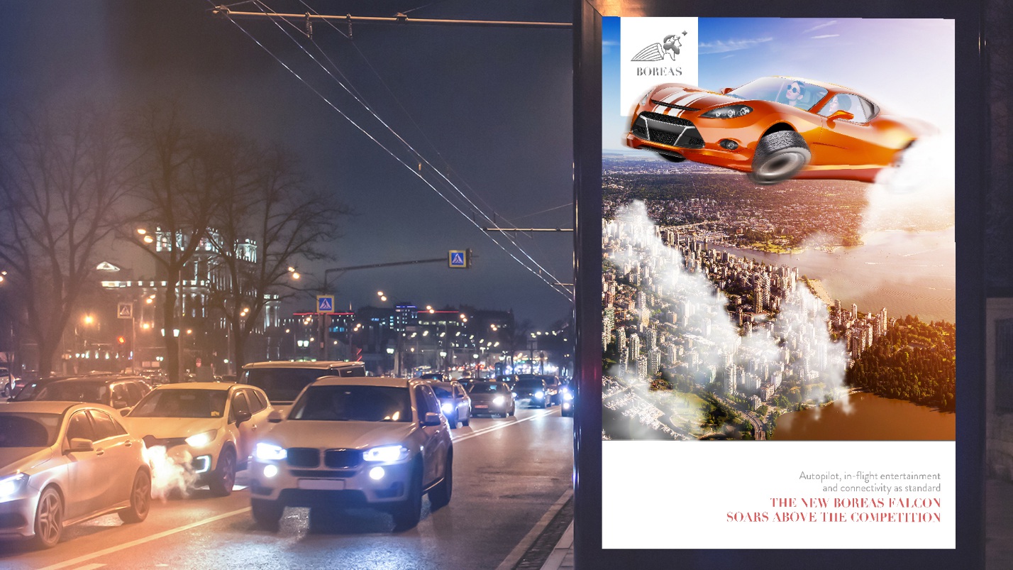 A billboard that has an image of a car flying high in the skies above a city