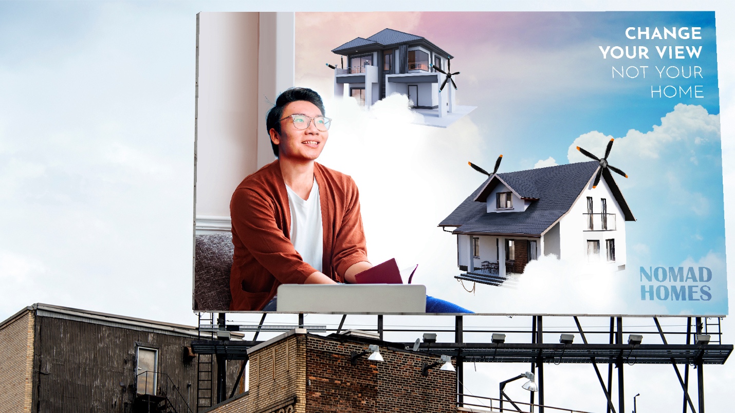 A billboard that has an image of a man looking out of the window at two houses flying in the sky