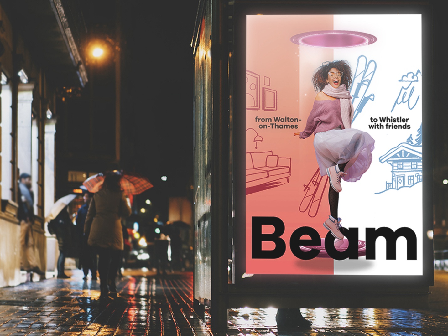 A billboard that has an image of two people in a swimming pool on Mars